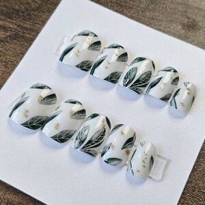 24 pcs vacation leaves tropical white green press on nails